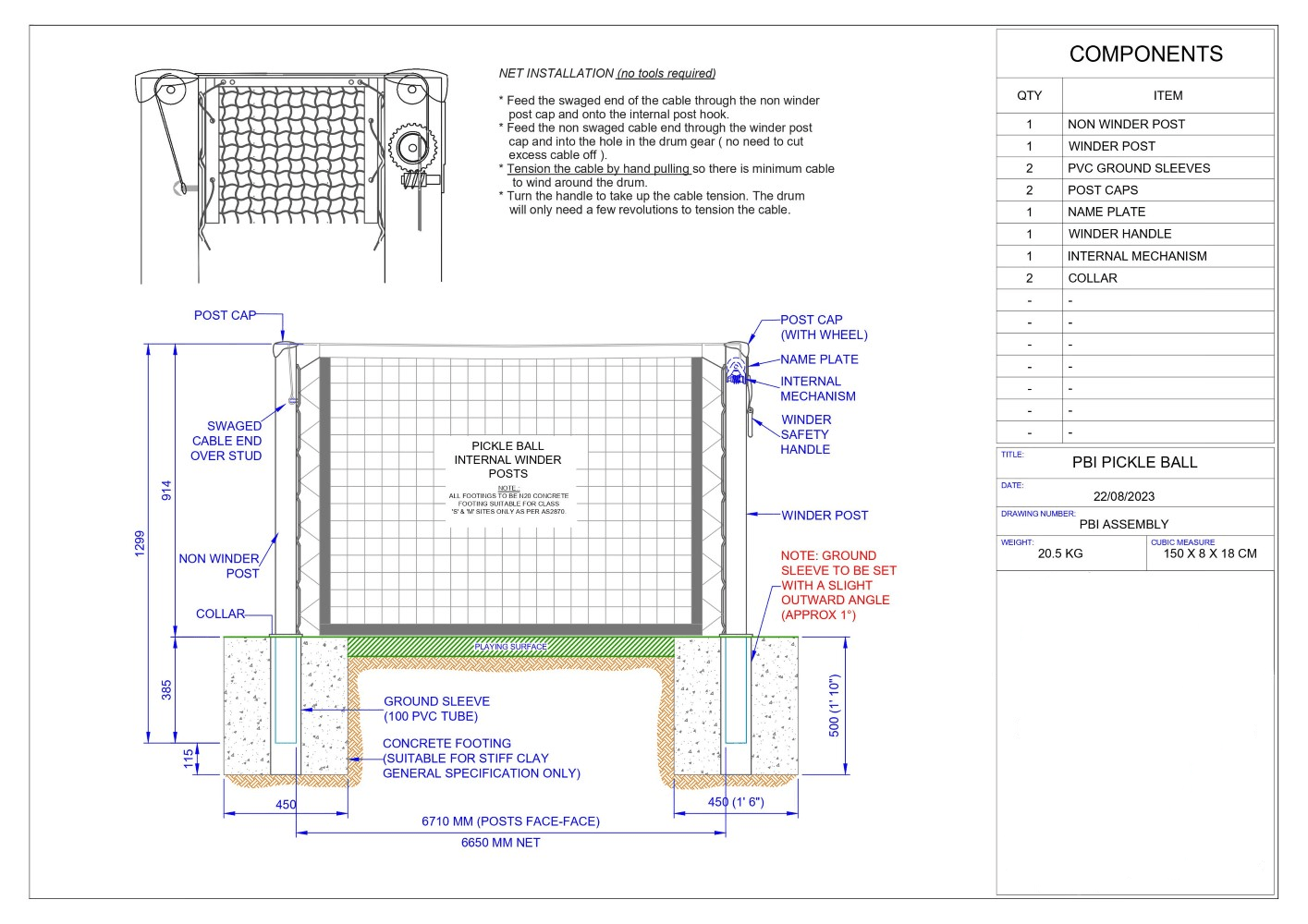 Pickleball Court Net Posts (Pair) - Internal Winder Installation Instructions