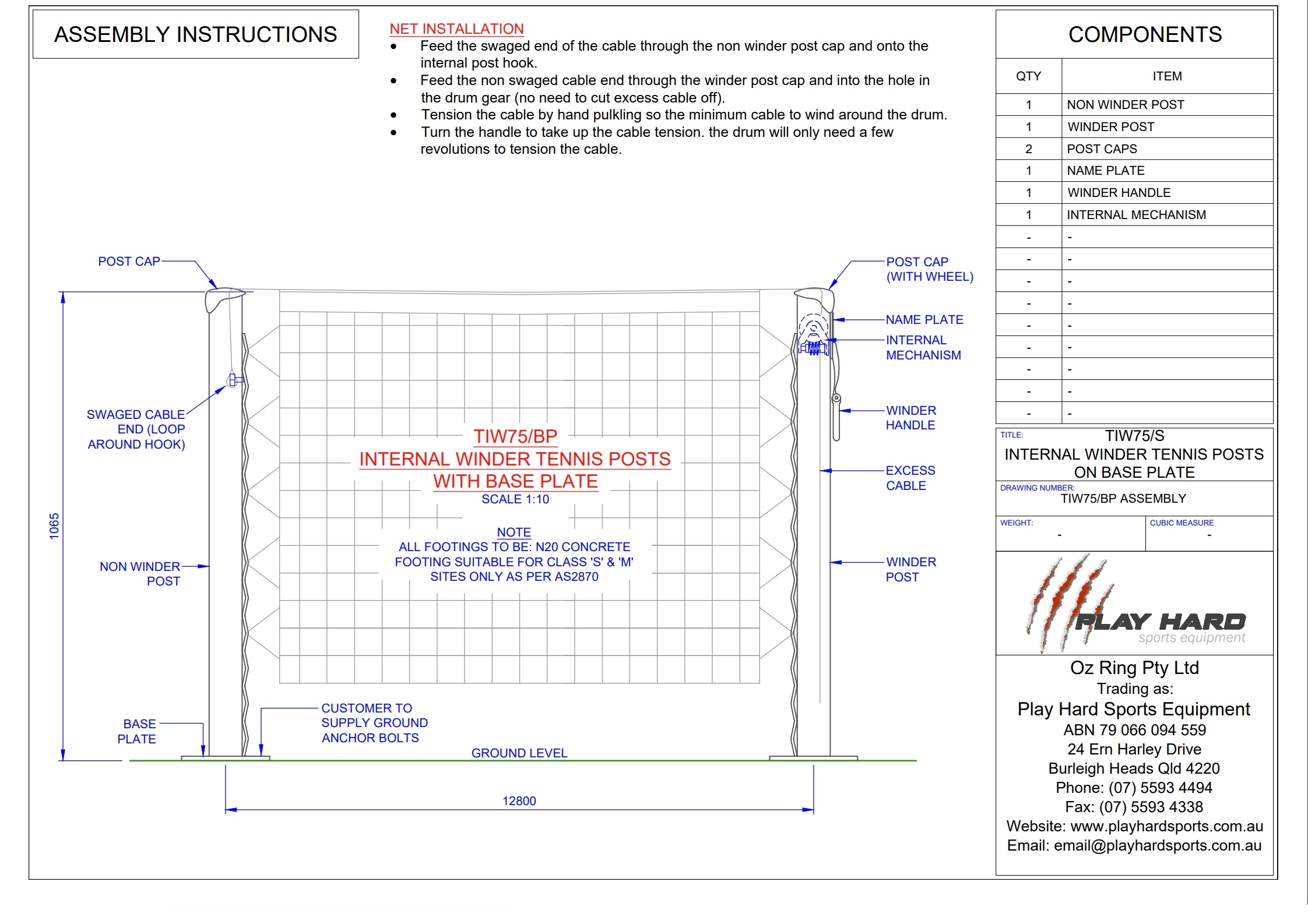 Tennis Court Net Posts (Pair) - Internal Winder (Base Plates) Installation Instructions